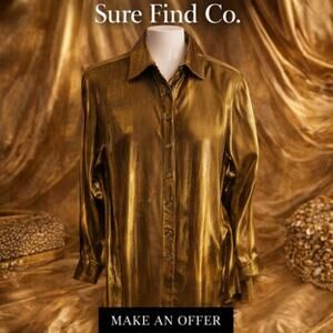 Vtg JR Nites by Caliendo Gold Mettallic Button Down Blouse Long Sleeve W size 10